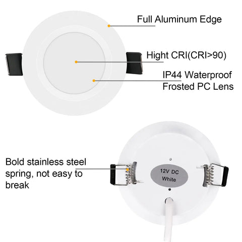 Zero Fuss 12V LED RV Puck Lights Six Pack Aluminum Recessed Ceiling Bulbs showcasing full aluminum edge and stainless steel spring.