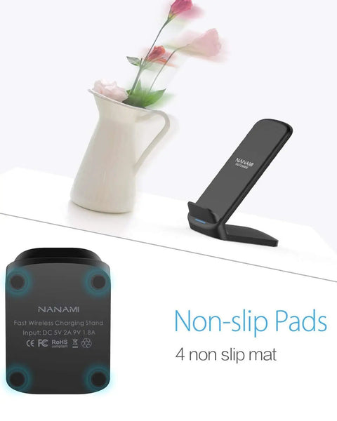 Upgraded Fast Wireless Charger Stand for Galaxy And iPhone Models No Cable Hassle with non-slip pads and sleek black design.