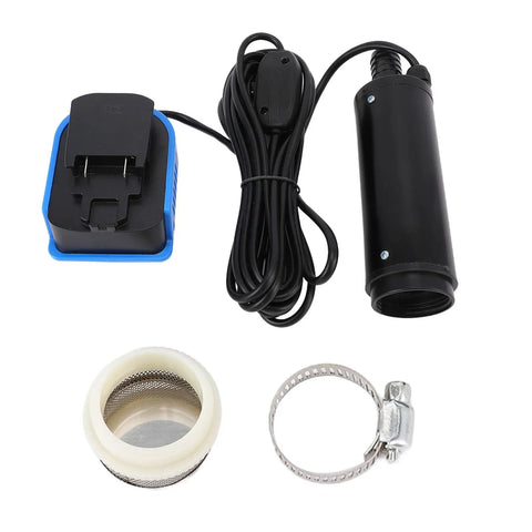Plug And Play Heavy Duty Sump Pump With 500 GPH Output And 16 Ft Max Lift Compact 18V Battery Operated Utility Pump components including charger and hose.