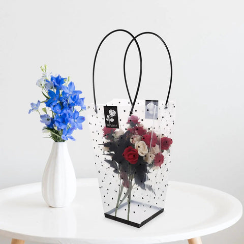 Plastic Bouquet Bags With Handles For Flower Packaging displaying roses, sturdy handheld design for V Day and Mom's Day gift displays.