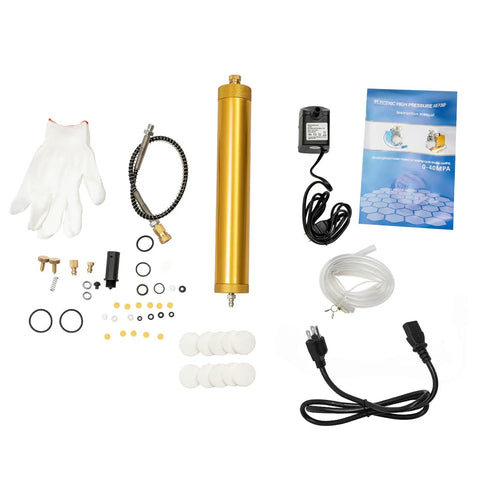 JDINAAS 4500PSI High Pressure Air Compressor 1800W Electric Pump parts kit with gloves, tubing, gold cylinder, and manual.