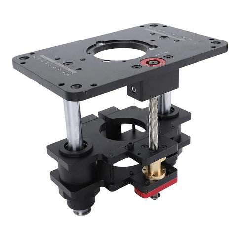 Heavy Duty Router Lift Platform Built Solid From Aluminum For Slick Manual Crank Tweaks And No Sweat Height Adjustments On Any Serious Carpentry Bench Station - close-up view of the router lift