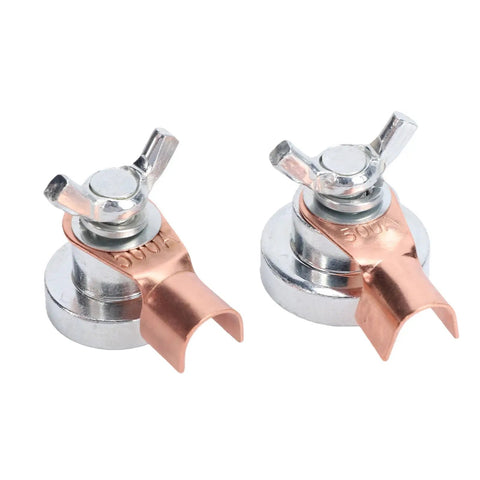 Premium Magnetic Welding Ground Clamps 2 Pack Heavy Duty Stainless Steel And Brass close-up of copper connectors with chrome base