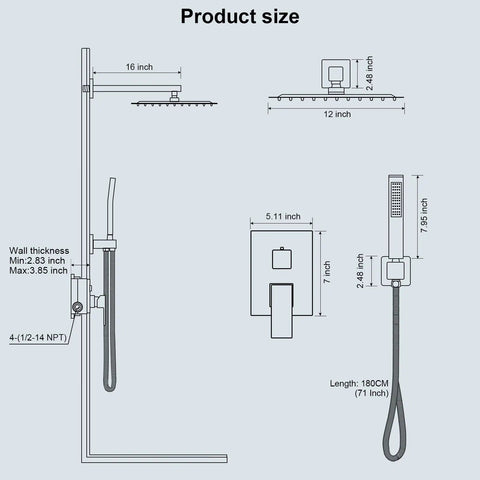 Product size diagram of Straight Up Tough Matte Black Shower Faucet Set Featuring A 10 Inch High Pressure Rain Shower Head And Solid Brass Pressure Balance Valve For Hella Smooth Daily Showers.