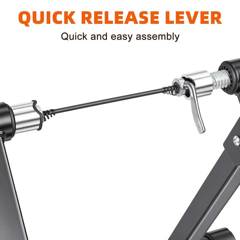 Quick release lever on Foldable Magnetic Indoor Bike Trainer With Wheel Riser Block, Six-Level Resistance for easy assembly