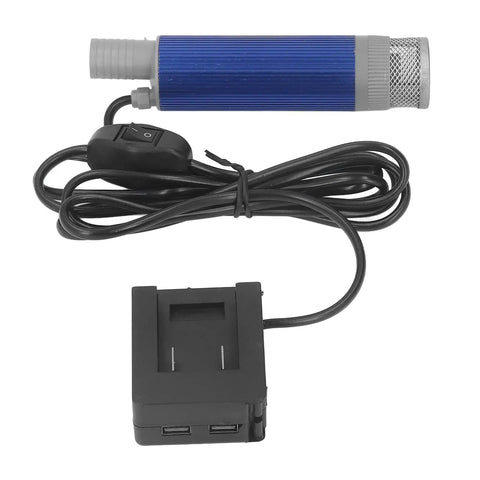 Heavy Duty 12V Electric Submersible Pump For Water And Oil Transfer With Built In Bottom Filter Stainless Steel Build Fits Standard 5.1 Cm Drums showing pump with blue body and switch cable