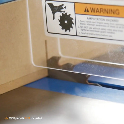 Straight Up Heavy Duty Diy Table Saw Sled Kit With Twenty Four Inch Universal T Track showing blade guard and warning label.