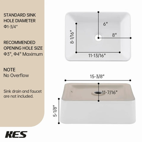 Rectangular White Vessel Sink For Bathroom Countertop With Premium Glaze, Above Counter Porcelain Ceramic Vanity Basin dimensions