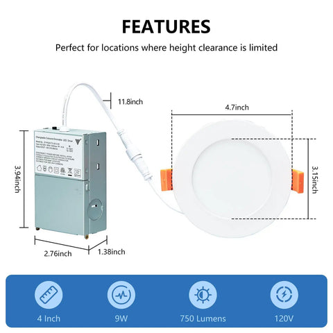 Diagram of 4 Inch LED Recessed Lighting Kit Canless Pot Wafer Lights Dimmable With 3000K 4000K 5000K Selectable Color Temperature 9W 120V IC Wet Rated ETL Six Pack showing dimensions and features.