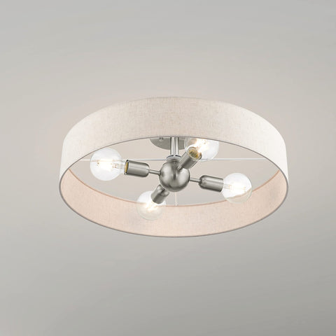 Four Light Bronze Semi Flush Mount With Antique Brass Accents And Oatmeal Fabric Shade A Slick Classic Modern Ceiling Fixture
