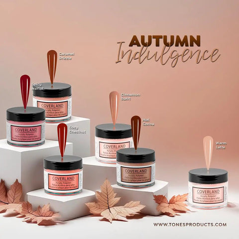 Autumn Indulgence Acrylic Nail Powder Set 6 Pc 1.5 Oz each displayed on pedestals with fall leaves and color samples