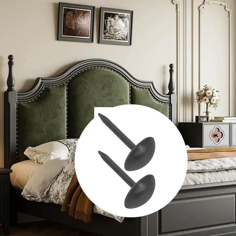 200 Piece Antique Black Dome Upholstery Tacks and Vintage Thumb Nails For Sofa Furniture Restoration Plus Compact Storage Case For A No Sweat Weekend Craft Build on a bed backdrop.