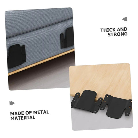 Heavy Duty 4 Piece Iron Sectional Sofa Connectors showing thick metal brackets installed on gray sofa underside for secure joining.