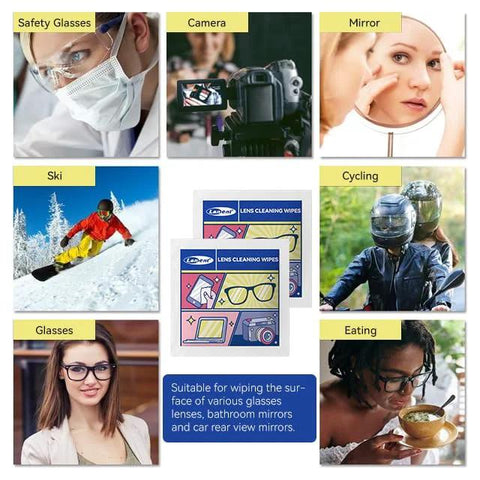 Lens cleaning wipes for glasses, individually wrapped (300 pcs); center packaging with a collage of glasses, camera.