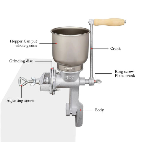 No Sweat Heavy Duty Cast Iron Grain Mill Featuring Wooden Hand Crank And Secure Table Clamp For Grinding Corn Wheat Oats Into Home Pantry Fresh Flour with labeled parts.
