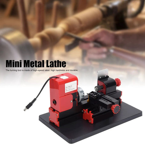 Yduupxe Mini Metal Lathe Machine 20K RPM High Speed Steel Wood Turning Tool 20mm Capacity side view on workbench with precision tool.