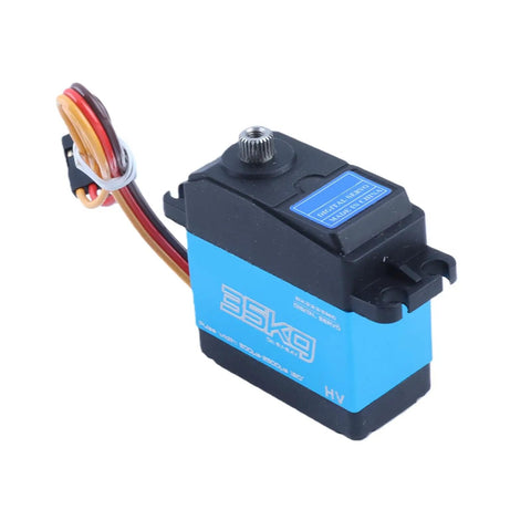 Heavy Duty 35Kg Digital Steering Servo With Rock Solid Metal Gears And IP66 Waterproof Seal For RC Cars And Boats, side view, blue and black.