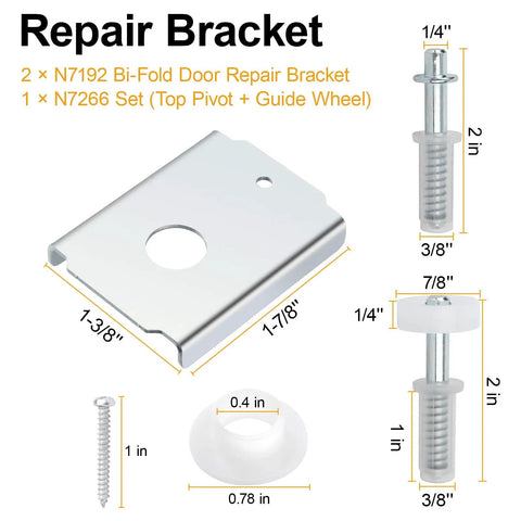 Built Tough Bifold Door Repair Kit For One Three Eighth Inch Wooden Cabinet Door Top Pivot And Bottom Bracket With Guide Wheel set showing measurements and components.
