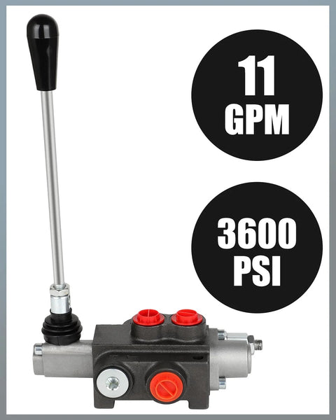 Side view of hydraulic flow control valve with lever, black body, red port caps, 11 GPM, 3600 PSI.