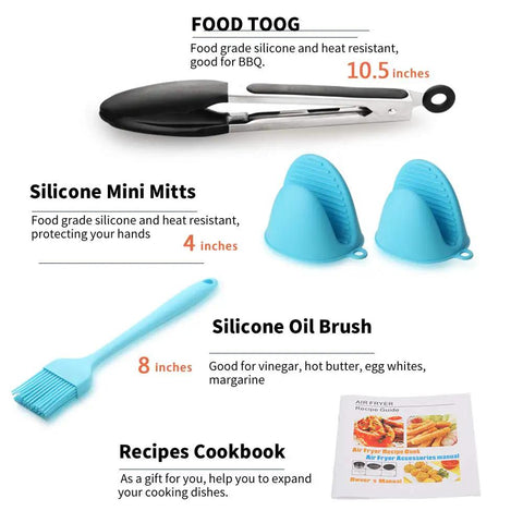 Must Have Ultimate Air Fryer Accessories Set For 3.7QT To 5.8QT Deep Fryers with Food Tongs, Silicone Mitts, Oil Brush, Cookbook