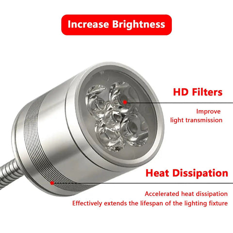 Close-up of Heavy Duty Flexible Gooseneck Work Light With Dual Clamp Options For Home Or Office Spot Lighting On CNC Machines Lathes And Industrial Scenes Featuring Iron Grip Lamp Fixture.