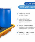 Stackable Spill Containment Pallet With Leakproof Plastic Platform Grating And Drain Tray For Safe Liquid Storage, blue barrels on pallet.