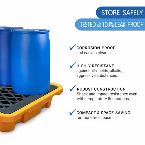 Stackable Spill Containment Pallet With Leakproof Plastic Platform Grating And Drain Tray For Safe Liquid Storage, blue barrels on pallet.