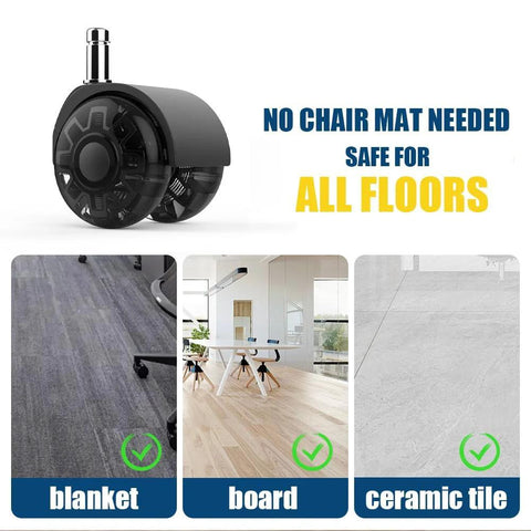 Silent office chair wheels for hardwood floors, safe for all surfaces, including carpet, wood, and tile. No chair mat needed, set of five.