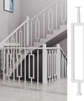Rock Solid Heavy Duty White Wrought Iron Balustrade Posts And Stair Spindle Sets For Deck Porch Railings Floor Mount Banister Columns With Screw Kit 95 Cm Tall 25 Pack displayed in a staircase railing design.