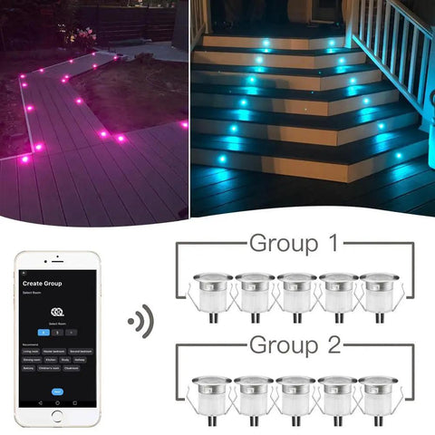 WiFi RGB LED Deck Lights Kit 10 Pack, Recessed In Ground Outdoor Lamps, Waterproof Low Voltage, Color Changing stairs and path