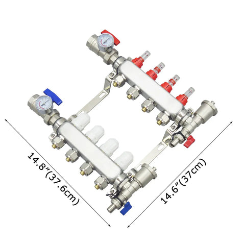 Radiant Floor Heating Manifold Kit With Four Loops Half Inch PEX Tubing Stainless Steel Demagnetized 304 Body Hydronic System