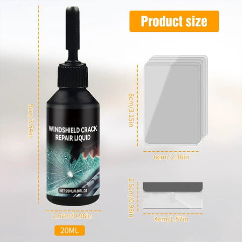 Chip And Crack Repair Kit For Windshields And Screens 2 Pack Quick DIY Fix For Bulls Eye And Star Shaped Cracks That Saves You From Expensive Replacements And Lets You Handle Chips On Cars And Glass In Minutes bottle and accessories shown with dimensions.