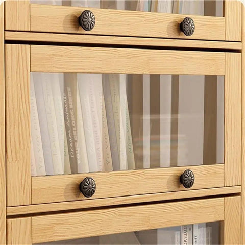 Close-up of Modern 4 Tier Floor Standing Book Shelf With Flip Lid Glass Door Dope Solid Wood Storage Rack
