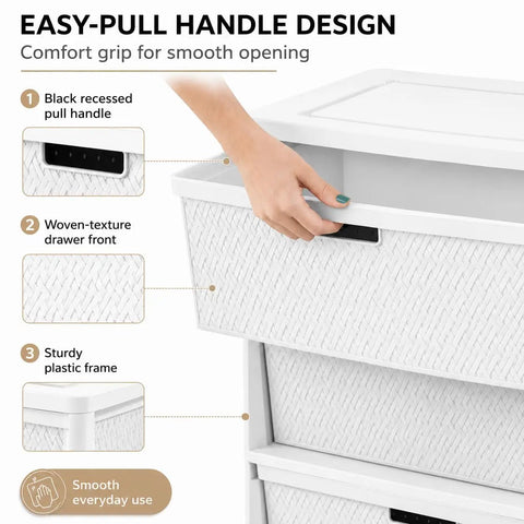 Wide Three Drawer Plastic Storage Tower With Cross Weave Removable Bins showing easy-pull handle design and woven texture.