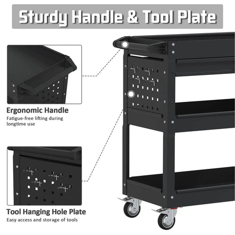 Three Tier Rolling Tool Cart With Drawers, 400 Lb Capacity Heavy Duty Utility Cart on Wheels with Pegboard, Matte Black