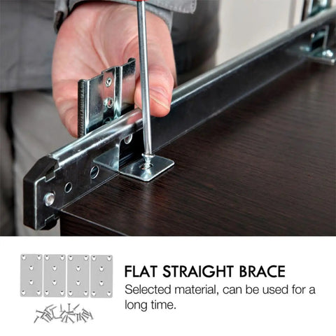 Person installing Six Pack Stainless Steel Flat Mending Plates for Furniture Repair and Corner Joining on a wooden surface
