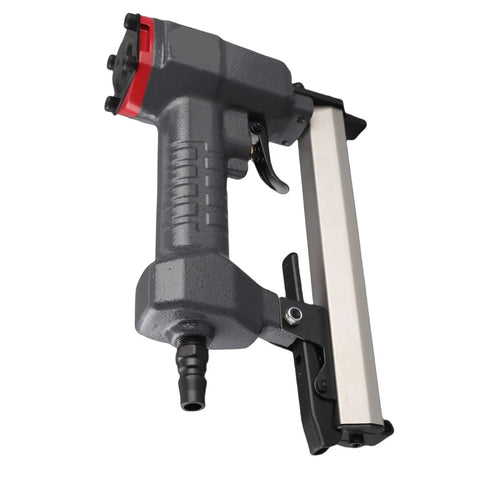 Heavy Duty Pneumatic Brad Nailer With 100 Nail Capacity And Slick Jam Clearing Tech For Smooth Carpentry Woodworking And Diy Projects, gray metal design.