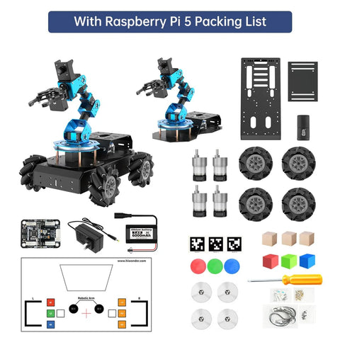 Raspberry Pi 6DOF Robotic Arm Kit with components for AI and STEM projects, including wheels, motors, and tools for assembly.