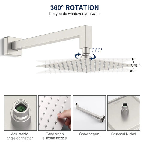 360-degree rotation feature of brushed nickel shower trim kit with valve included, showing adjustable shower arm and silicone nozzles.