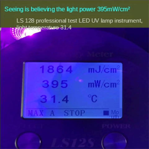 Measurement display of Killer Heavy Duty LED UV Curing Lamp 365NM And 405NM Dual Beam showing power and temperature data.