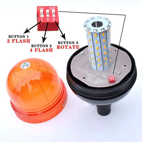 Premium Amber Led Rotating Beacon And Strobe Light With 60 Led Offering 360 Visibility For Tractors And Rigs Featuring Flexible Base And Hella Bright Flash Sequences For All Day Job Site Use showing switch panel and LED module.