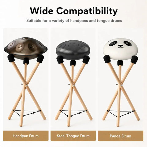 Adjustable Solid Wood Handpan Drum Stand With Carry Bag And Three Replacement Foam Pads For 10 To 22 Inch Steel Tongue Hang And Panda Drums showing compatibility with handpan and steel tongue drum.