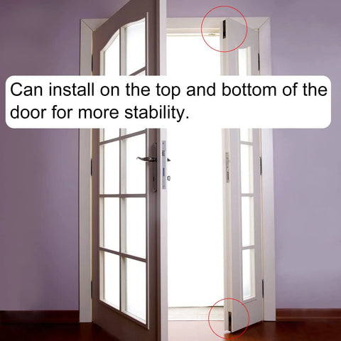 Image showing six inch flush bolt for wood and composite doors with brass tone finish installed at top and bottom for stability.