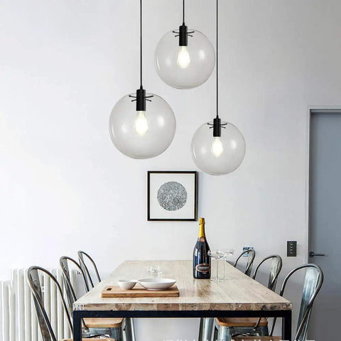 Industrial Clear Glass Globe Pendant Light With E27 Socket, Modern Kitchen Loft Fixture, 9.8 Inch Shade in dining area