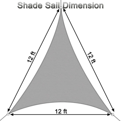 Triangle Shade Sail Canopy 12x12x12 Ft Built Tough 200 GSM High Density Fabric, showing dimensions and triangular shape.