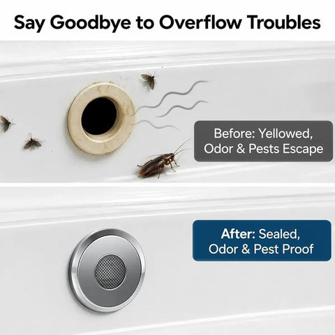 Top Shelf Stainless Steel Bathroom Sink Overflow Cover, rust resistant drain cap, before and after comparison of sink drain.
