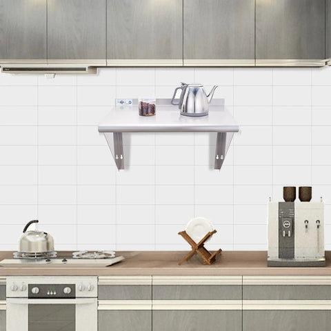 Grab A Solid NSF Certified 18 Gauge Food Grade Stainless Steel Wall Shelf 18 By 24 Inch Heavy Duty Commercial Kitchen Rack Rust Resistant And Built To Handle The Daily Grind Right Away, displayed above kitchen counter with kettle.