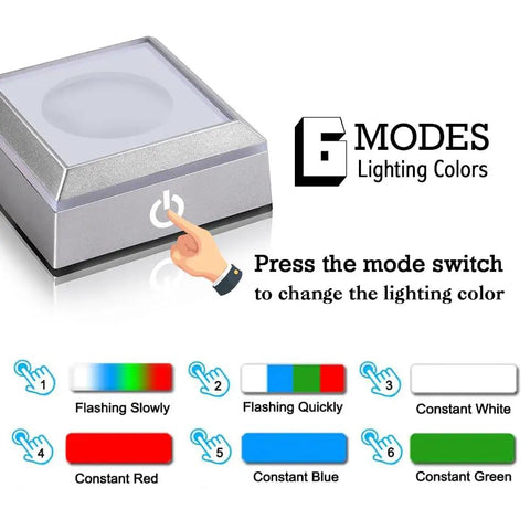 Rounded LED base designed for 3D laser crystal engravings with color mode switch and instruction graphic.