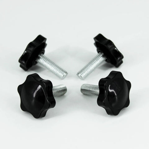 Heavy Duty M8 Star Knobs 4 Pack Solid Steel Core Handles For Patio Umbrella Base, black plastic knobs with metal screws.