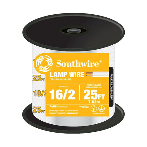 Spool of 250 Foot 16 Gauge Two Conductor Type SPT Two Lamp Cord with Thermoplastic Insulation, white, rated 300 Volt